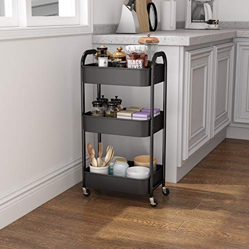 3-Tier Rolling Utility Cart with Caster Wheels Easy Assembly, Black | Easy Assembly, multi-purpose storage trolley for kitchen, rolling cart with smooth caster wheels for bathroom - color: Black, size: 3-Tier Standard Cart