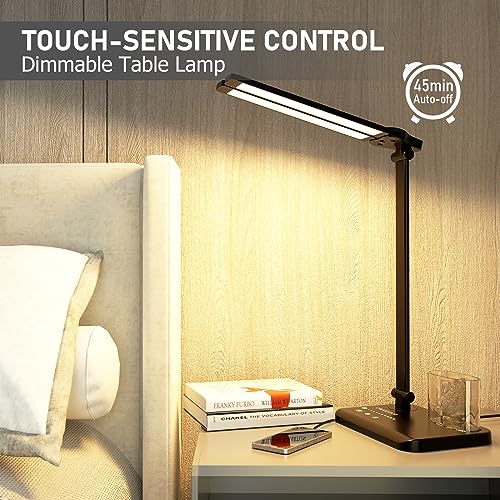 Dimmable LED Desk Lamp with USB Charging Port, 50 Lighting Modes Dual Swing Arm Architect Table Lamp Light Desk Lamp for Home Office Dorm Piano Nail - color: Black