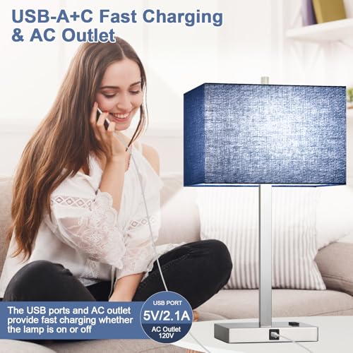 Lynnoland 21" Set of 2 Table lamp with USB A+C & AC Outlets, Touch Control 3-Way Dimmable Nightstand Lamps for Bedroom Living Room Office Reading, Blue Shade Touch Lamps, 5000K LED Bulbs Included - color: (2 Pack)Blue Line & Brushed Nickel (Base)-5000K Bu
