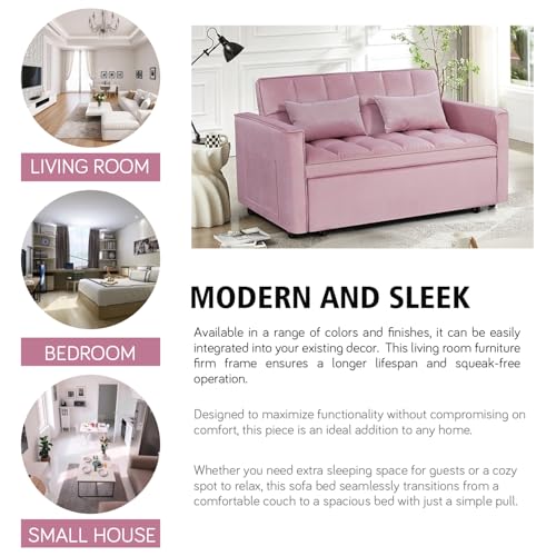 3 In 1 Velvet Convertible Sofa Bed, Pull Out Couch Bed with Reclining Backrest And 2 Pillows, 54" Full Size Loveseat Sleeper Sofa Futon Couch Beds, Couches For Small Spaces, Living Room (Pink) - color: Pink