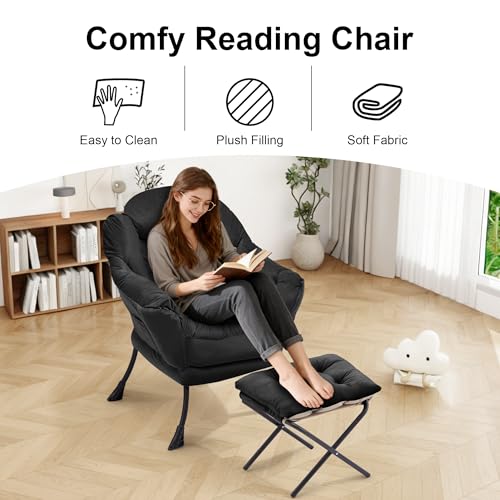Lazy Chair with Ottoman, Modern Accent Lounge Chair with Side Pocket and Armrests, Cozy Reading Armchair with Footrest, Upholstered Sofa Chair for Small Spaces, Bedroom Living Room, Black - color: Black