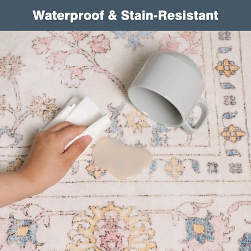 5x7 Washable Area Rug, Low Pile Faux Wool Carpet for Living Room, Bedroom, Dining Room, Vintage Flower Design, Non-Shedding Low-Pile Rug in Beige for High-Traffic Areas with Non-Slip Rubber Back