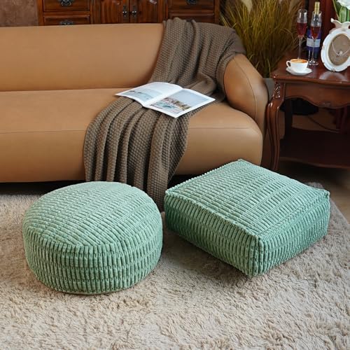 Round Unstuffed Pouf Ottoman Bean Bag Cover Pouf Foot Rest, Green | Cover Only, 20x20x8 In, Soft Short Plush, Ribbed Texture, Modern Style, Living Room, Bedroom, Reading Nook - color: Green