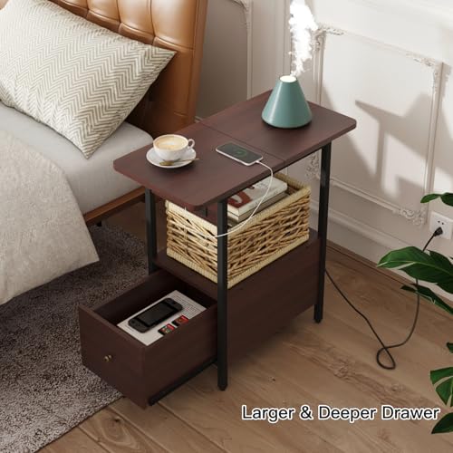LIDYUK End Table with Charging Station, Narrow Side Table with Drawer | Equipped with USB Ports & Power Outlets, Nightstand Bedside Tables for Small Spaces, Bedroom, Living Room, Dark Cherry - color: Dark Cherry, size: Pack of 2