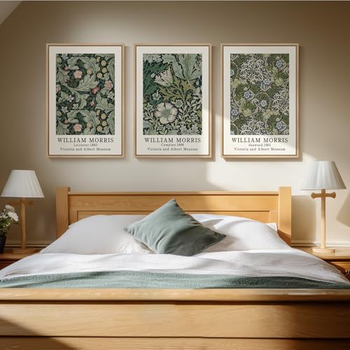 Framed William Morris Canvas Wall Art Set of 3, Green Vintage Floral Prints, Boho Farmhouse Botanical Decor for Living Room Bedroom Hallway Office, 16x24 Inch - color: Green, size: 16"W x 24" H x 3Pcs