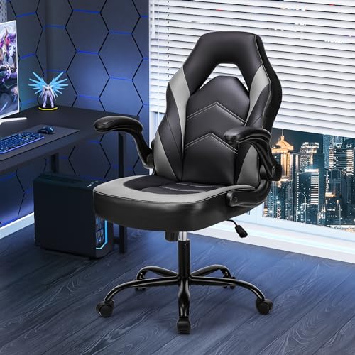 Sweetcrispy Computer Desk Chair, Lumbar Support Video Game Chair PU Leather | PU Leather Flip-up Armrest, Height Adjustable, 360 Swivel for Adults, Black Grey - color: Black Grey