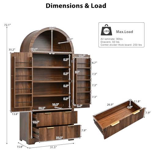 LUMISOL 72" Tall Fluted Pantry Cabinet, Wooden Freestanding Storage Cabinet with Drawers and 8 Adjustable Door Shelves, Mid Century Modern Kitchen Cupboard Organizer for Living Room, Walnut - color: Walnut, size: 15.75"D x 31.5"W x 72.05"H