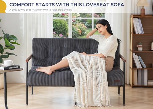MAXYOYO Loveseat Sofa Chair, Love Seat, Sturdy Metal Frame, Wood Armrests | Button-Tufted Upholstery, Cozy Two-Person Seating for Modern Small Couches in Living Rooms, Bedrooms or Offices, Dark Grey - color: Dark Grey