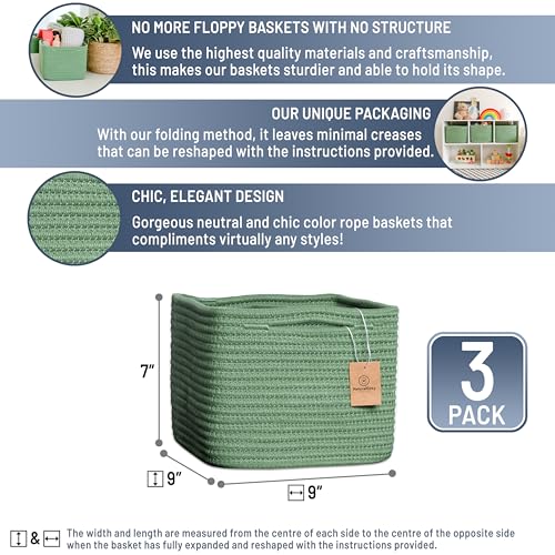 NaturalCozy Storage Cubes 9”x9”x7”Cotton Rope Woven Baskets for Organizing 3-Pack | 9 Inch Cube Storage Bin | Small Basket for Shelf Nursery, Pantry, Decorative Plant, Bathroom Closet, Toy Gift - color: Green