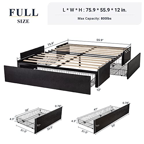 Allewie Full Size Platform Storage Bed Frame with 3 Drawers, Black | Faux Leather Upholstered, Wooden Slats Support, No Box Spring Needed, Noise Free, Easy Assembly - color: Black Leather, size: Full