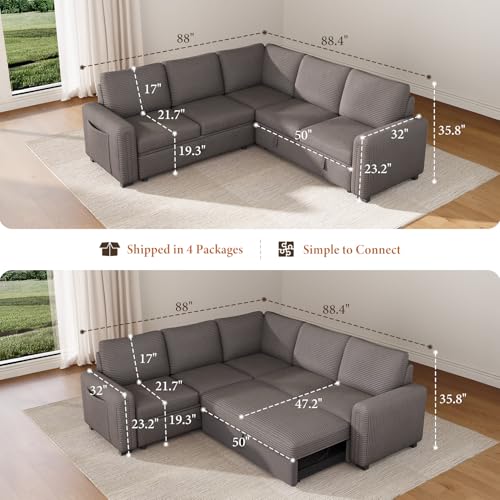 Vesgantti 88.4" Corduroy Sectional Sleeper Sofa with Pull Out Bed, Brown | 5 Seater Modular Couch with Storage, Comfy L Shaped Cloud Couches for Living Room, Bedroom, Apartment, Easy to Assemble - color: Brown-pinstripe Corduroy, size: 5 Seat Sleeper Sofa