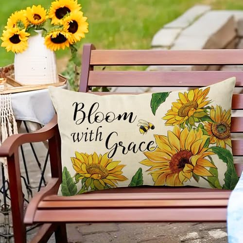 Fahrendom Spring Summer Sunflower Lumbar Decorative Rectangle Pillow Cover | 12 x 20, Fall Autumn Flower Bee Porch Patio Outdoor Pillowcase, Bloom with Grace Floral Sofa Couch Cushion Case Home Decor - color: Sunflower, size: 20" x 12" (Pack of 1)