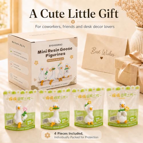 4Pcs Mini Resin Goose Figurines Set, Cute Desk Pets with Cable Holder | Computer Monitor Hanging Animals, Small Goose for Monitor, Bookshelf, Car Dashboard, Photo Frame, Goose Gifts for Coworkers