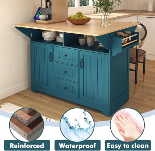 Kitchen Island with 2 Drop Leaf, Home Cart Island on Wheels Foldable Dining Table with Power Outlets,3 Drawers,Storage Cabinet, Tower Rack(Green) - color: Green