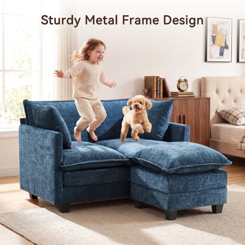 50" Loveseat Sofa with Ottoman, Cloud 2-Layer Cushion & 27" Deep Seat, Modern Love Seat Small Couch with 2 Washable Pillows for Small Spaces, Bedroom, Apartment, Office, Living Room, in a Box, Blue - color: Blue, size: Loveseat with Ottoman