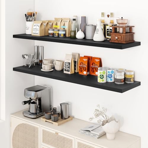 Dreamland 55" Floating Shelves for Wall, 12" Deep Slim Black Floating Shelves, Wall-Mounted Shelves for Bedroom, Living Room, Kitchen, Bathroom - Set of 2 - color: Black, size: 55"W x 12"D x 1.3"H, Set of 2