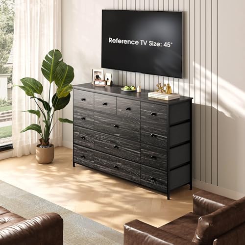 EnHomee Black Dresser TV Stand with 13 Fabric Drawers for 45 Inch TV | Waterproof Wooden Top, Sturdy Metal Frame, Dual-Size Drawers for Classified Storage, Easy Assembly, Suits Bedroom, Entryway - color: Black Wood Veins