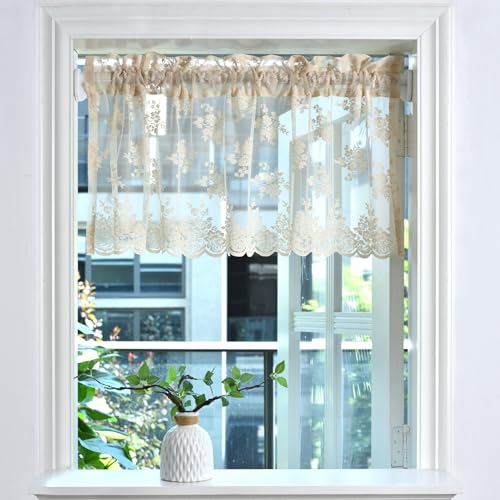 Kotile Beige Lace Valance Curtain for Kitchen Window W52 x L18 Inch 1 Panel | Rod Pocket, Open Lace Drapes Softly, Softens Bright Sun, Vintage Floral, Warm Neutral Look, Upper-Window Detail, Privacy - color: Beige