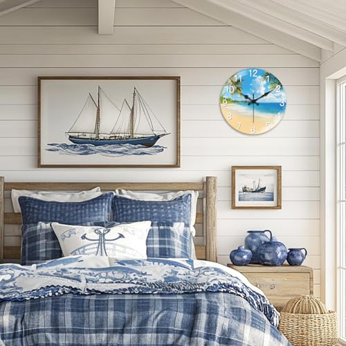 Ocean Wall Clocks Battery Operated, 12" Round Clock | Non Ticking Decorative Clock, Ocean Pattern Glass Design for Living Room, Kitchen, Bedroom & Bathroom Decor - style: Ocean