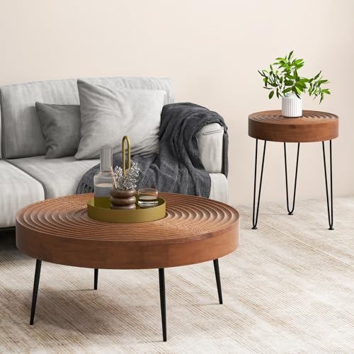 Giantex Boho Round Coffee Table Set of 2, Sofa Side Nesting Table with Solid Pine Wood Top, Metal Legs & Adjustable Foot Pads, 31.5" D Large Table Set for Living Room (Ring Pattern, Brown) - color: Brown, style: Ring Pattern