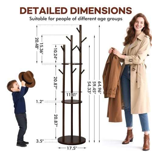 Freestanding Coat Rack, Solid Pine Wood Rotary Coat Tree with 3 Shelves and 9 Hanging Handles, Coat Hanger Stand for Bedroom, Entryway, Livingroom(Walnut Color)