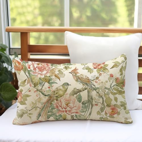 Fahrendom Vintage Floral Bird Lumbar Decorative Rectangle Pillow Cover | 12 x 20, Chinoiserie Peony Flower Porch Outdoor Pillowcase, Spring Summer Botanical Sofa Couch Cushion Case Home Decor - color: Vintage Bird Flower, size: 20" x 12" (Pack of 1)