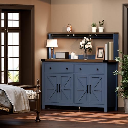 VVFLU Hutch Storage Buffet Cabinet with Drawers, and Charging Station, Coffee Bar Cabinet with Barn Doors, Wine Rack and Hooks, Blue Wood Sideboard Buffet for Kitchen, Dining Room, 54.1" High - color: Blue/Wood, size: 15.7"D x 55.1"W x 54.1"H