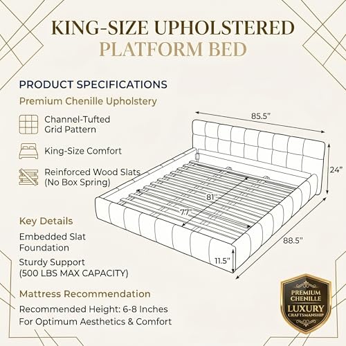 Modern Grounded Chenille Bed Frame, Low Profile Upholstered Platform Bed with Inset Design, No Box Spring Needed, Quiet & Sturdy MDF Wood Foundation, Zero-Gap Cleaning, King, Beige - color: Beige, size: King (U.S. Standard)