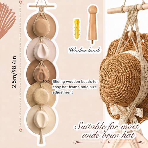 Macrame Hat Hangers Racks Boho Cowboy Hats Holders Western Display Organizer Storage decor Back of Door for Wall(Beige,Five Hats Style) - color: Beige, style: Five Hats Style