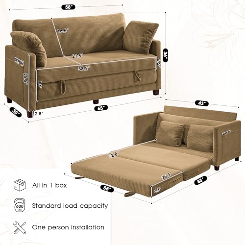 Myroyalsit 65" Convertible Loveseat Sofa Bed, 2-in-1 Folding Sofa Bed with 2 Pillow for Small Spaces, Modern Loveseat Sleeper Couch for Apartment, Living Room & Guest Room (Brown Corduroy, 65 inch) - color: Brown, size: 65"