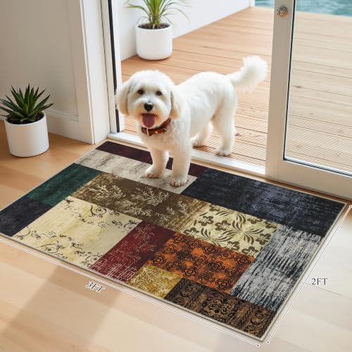 Washable 2x3 Entryway Rug, Non Slip Door Mat for Front Door, Low Profile Indoor Doormat, Stain Resistant Small Area Rug, Modern Geometric Entry Rug for Porch - color: Multi Color, size: 2' x 3' (Rectangular)