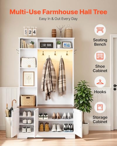 VEVOR Hall Tree with Bench and Shoe Storage, 39" Wide, Entryway Hall Tree with Bench, Hanging Hooks, Storage Shelves, Adjustable Shoe Shelves, LED Light, Wooden, for Mudroom, Entryway, Hallway, White - size: 39.4 x 13.8 x 68.9 in