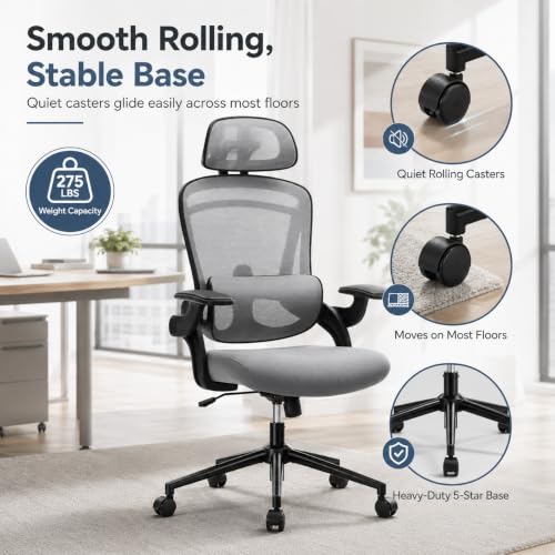 Ergonomic Office Chair, Home Office Desk Chairs with Adjustable Lumbar Support and Headrest, High Back Mesh Computer Desk Chair with 3D Flip-up Armrests & 360° Swivel Wheels, 275 LBS - color: Grey With Lumbar Support