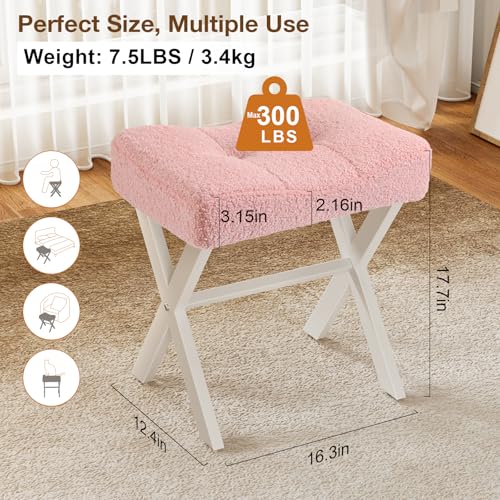 18-Inch Vanity Stool Chair, Pink Padded Saddle Makeup Stool | Teddy Flannel Vanity Bench, Metal X-Leg, 300 LBS, 16.3"x12.4"x18", Ottoman Accent Stool, Breathable Soft Saddle Seat - size: Small, style: Pink Fabric