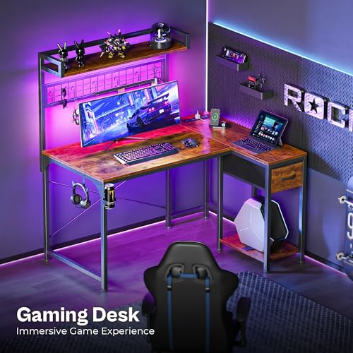 L Shaped Gaming Desk with Shelves, Corner Computer Table with LED Lights, Power Outlets and USB-C Ports, 42 Inch Reversible Home Office Desk with Storage Drawer, Work and Study, Rustic Brown