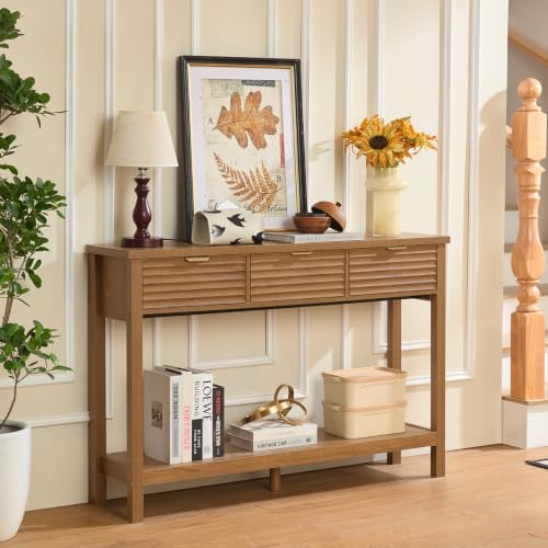 LEYAOYAO 47.2" Fluted Console Table with 3 Drawers, Brown Entryway Table | Modern Wood 2 Tier Entry Table, with Open Storage Shelf, Farmhouse Sofa Table Behind Couch, for Living Room, Hallway, Foyer - color: Tea Brown