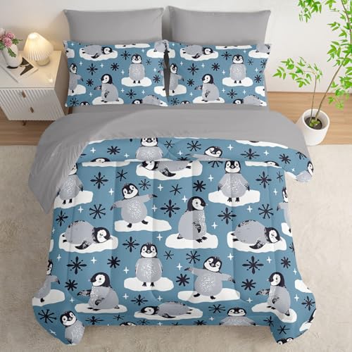 7Pcs Comforter Set Cartoon Penguin Black Snowflakes Printed Bedding Set with 1 Comforter,1 Flat Sheet,1 Fitted Sheet and 4 Pillowcases for Boys and Girls Bedroom All Season(Twin) - color: Cartoon Penguin, size: Twin 68x86inches