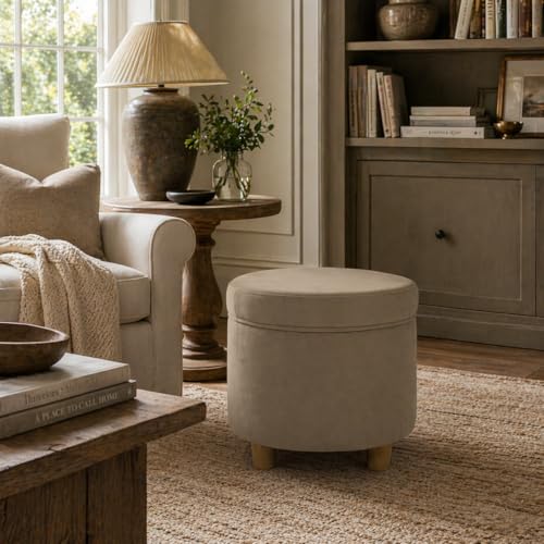 HomePop Home Decor | Upholstered Round Storage Ottoman | Ottoman with Storage for Living Room & Bedroom, Fawn Gray Velvet, Large - color: Fawn Velvet