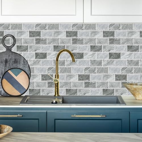 URCOLOR 10-Sheet Stick on Backsplash for Kitchen,12"x12" Peel and Stick Self Adhesive Wall Tiles Back Splashes for Bathroom Light Gray Marble Look - color: Light Gray