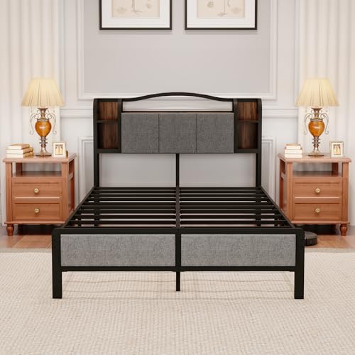 King Size Bed Frame with LED Lights & Charging Station | Upholstered Headboard & Footboard, No Box Spring Needed, Noise-Free Easy Assembly, Large Under Bed Storage - size: King