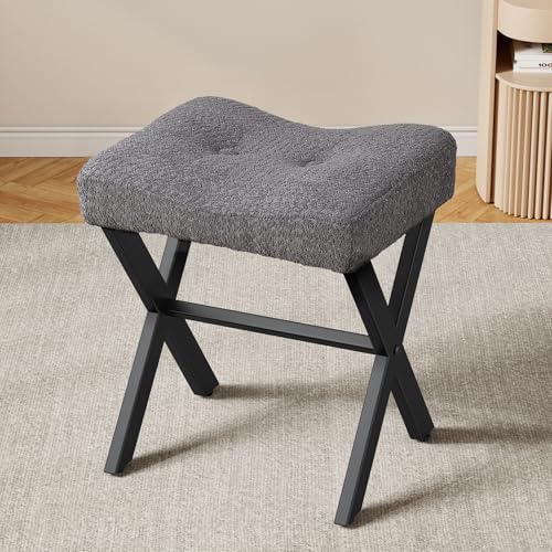 18-Inch Vanity Stool Chair, Gray Makeup Stool | Teddy Flannel Vanity Bench, Metal X-Leg, 300 LBS, 16.3"x12.4"x18", Ottoman Accent Stool, Breathable Soft Saddle Seat - size: Small, style: Gray Fabric
