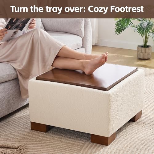 WUTUTUEE 24" Square Ottoman Coffee Table with Storage, Boucle Ottomans with Tray and Solid Wood Legs for Living Room, Bedroom and Apartments, Small Modern Ottoman Tea Table with Lift-Off Lid, Beige - color: 24'' Beige Boucle