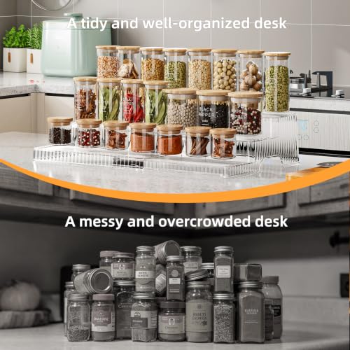 3-Tier Expandable Clear Spice Rack Organizer 2 Pack Adjustable Tiered Seasoning Shelf with Non-Slip Textured Surface, Multi-Purpose Cabinet Organizer for Kitchen Pantry Countertop Vanity