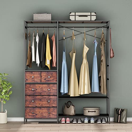Freestanding Clothes Rack with 5 Drawers & 4 Storage Shelves,2 Hanging Rods | 59.1" W*70.9" H Heavy Duty Clothing Rack, Wardrobe Closet Organizer System with 5 Hooks, Garment Rack (Rustic) - color: Rustic