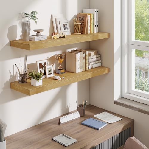 Fun Memories Floating Shelves Set of 3, 40 Inch Long Wooden Wall Shelves, 10 Inch Deep Wall Mounted Storage Shelf with Metal Brackets for Living Room, Bathroom, Bedroom and Kitchen, Oak - color: Natural Oak, size: 40W x 10D x 1.5H