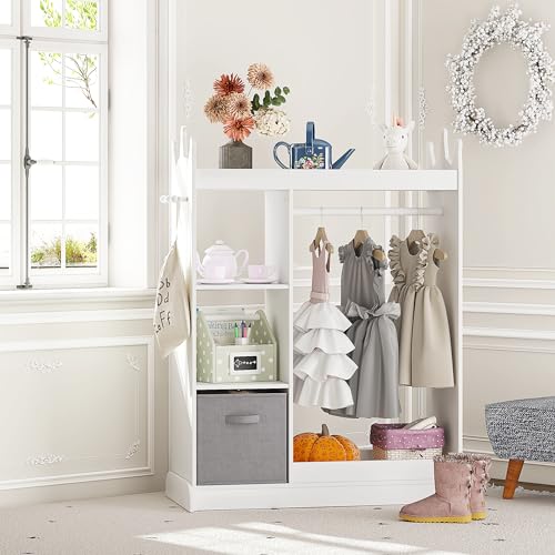 UTEX Kids Dress up Storage with Crown-Shaped Design and 2 Fabric Bins | See and Store Kids Wardrobe, Toddler Dress Up Rack, Open Hanging Armoire Closet, Water-based Paint, Princess Style - color: White