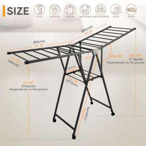Clothes Rack, 2-Tier Drying Hanger, for 20 Pieces+, Foldable and Space Saving, Portable, Indoor or Outdoor Use, Solid Metal Clotheshorse, Nice for Mum, Gray (1.6 m Wing Length) - size: 2 Tiers_1.6m (Wing)