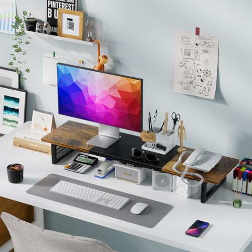 Simple Trending 38" Dual Monitor Stand Riser, Desk Organizer, Rustic Brown | Laptop & Printer Stand, for 2 Monitors, Wood and Steel, Ergonomic Support, Easy Setup, Home Office Desk, 38"W x 10.25"D x 5"H - color: Rustic Brown and Black