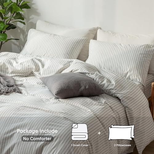 MooMee Striped Duvet Cover Set 100% Washed Cotton Linen Like Oversized Full | Relaxed Linen-like Texture. Soft, Breathable & Long-lasting Comfort. Lightweight. Hidden Zipper with 8 Interior Corner Ties - color: Wide Stripes - White/ Dark Grey (No Comforte