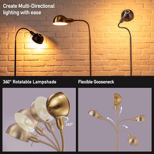 O'Bright Adjustable Floor Lamp with Flexible Gooseneck and Rotatable Shade, E26 Socket, 10-Inch Base - Ideal for Reading, Bedside, Living Room, Brushed Nickel - color: Antique Brass